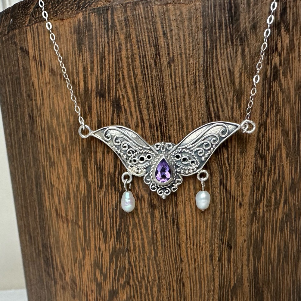 Vintage Sterling Silver Amethyst Artsy Butterfly Dangling Pearl Drops With Chain